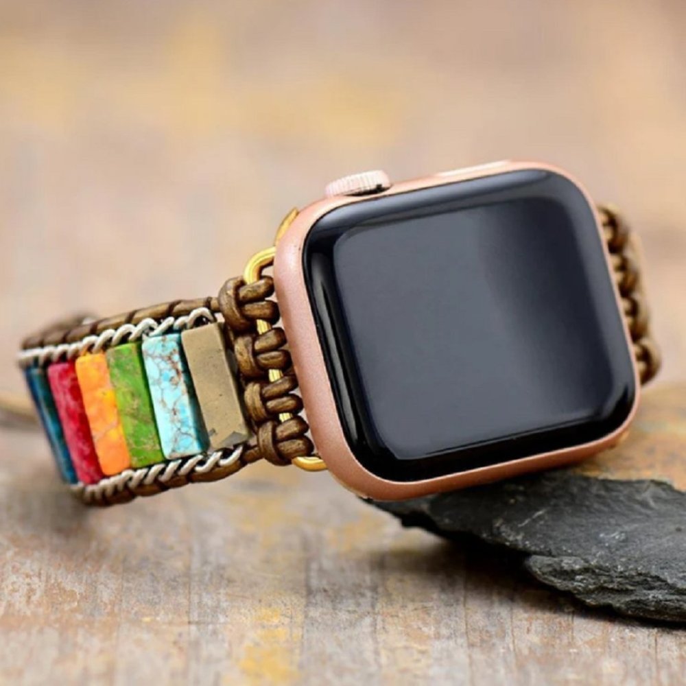 Natural Jasper Tube Stone Leather Strap Watch Band for 38 ~ 40 mm Apple iWatch